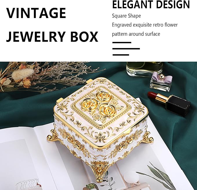 Hipiwe Vintage Jewelry Box Rectangular Trinket Chest Metal Treasure Holder for Ring Earrings Organizer Keepsake Box Gift for Woman, Beige, 5.1" L x 5.1" W x 3.1" H - Image 2
