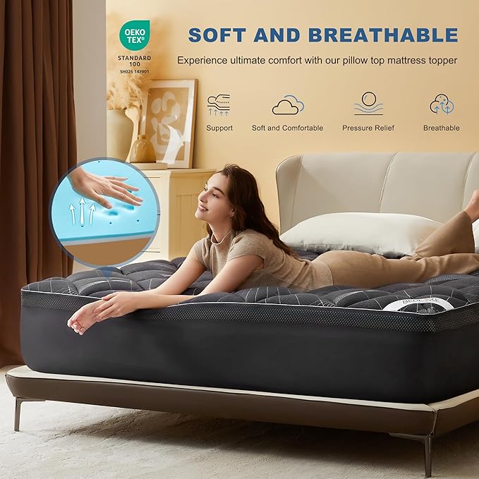 Bedlore 4-Inch California King Mattress Topper for Back Pain - Dual Layer Medium Support (2" Gel Memory Foam + 2" Cooling Fluffy Pillow Top Pad), Breathable & Pressure Relief (Gray)