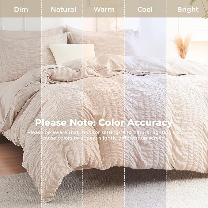 HYMOKEGE Beige Queen Comforter Set Seersucker 7 Pieces, All Season Luxury Bed in a Bag for Bedroom, Bedding Set with Comforters, Sheets, Pillowcases & Shams