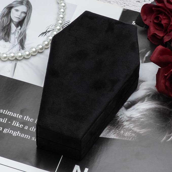 Velvet Coffin Jewelry Travel Case Holder for Gothic Wedding Ceremony Jewelry Organizer Decoration (Black 4 Grid) - Image 7