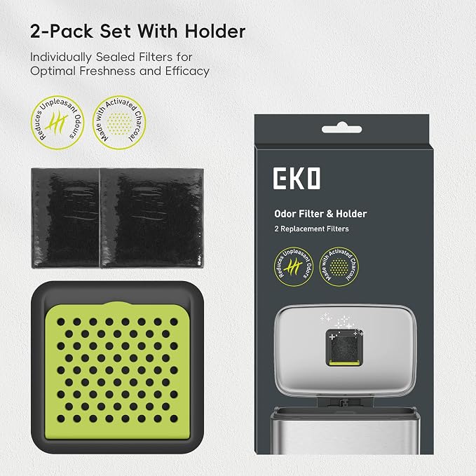 EKO Activated Charcoal Odor Filter Kit – 2-Pack Strong Odor Absorber and Deodorizer with Filter Case for Trash Cans - Image 2