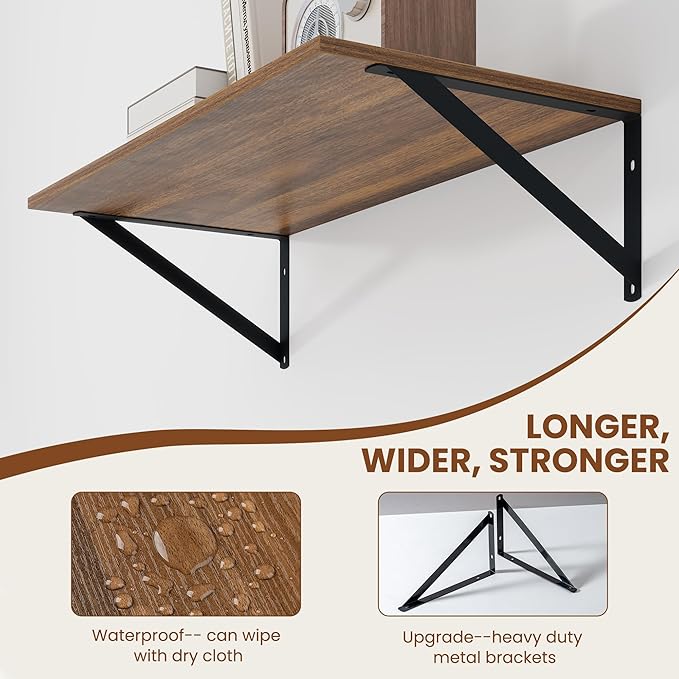 Heimlove 12 Inch Deep Floating Shelves for Wall, 24W x 12D Wood Wall Shelves Set of 2, Walnut Wide Floating Bookshelf for Living Room, Kitchen, Office, Bedroom, with Black Metal Bracke - Walnut - Image 4