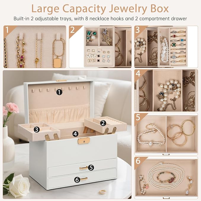 AKOZLIN Travel Jewelry Box Organizer Functional 2-trays Leather Jewelry Storage Case with Lockable Portable 2 Drawers for Women Girls Ring Necklace Earring Bracelet - Image 4
