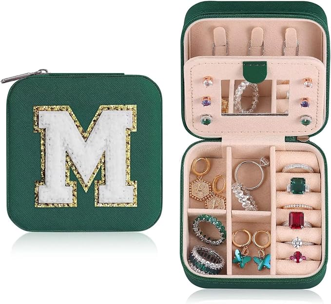 ETHOON Jewelry Travel Case Small Organizer Stocking Box Personalized Gifts Teenage Jewelry Accessories Holiday Christmas Gift for Women Green, Letter M by ETHOON