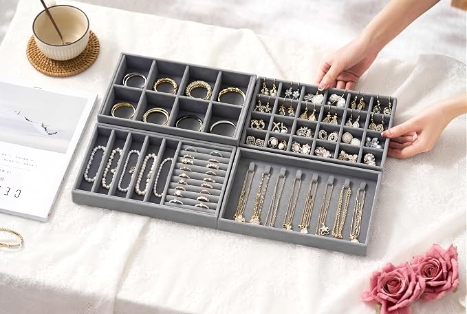 Velvet Jewelry Drawer Organizer Trays – Grey Stackable Jewelry Storage Inserts Set, 4-Layer Jewelry Tray Set for Earrings, Rings, Necklaces, Bracelets with Removable Dividers for Dresser & Vanity - Image 2