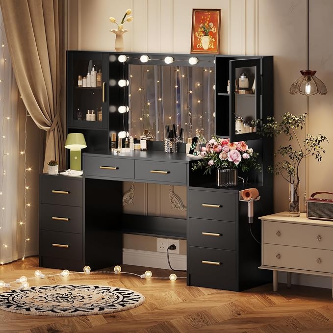 UGTOO Makeup Vanity Desk with Mirror and Lights, 58.3" Makeup Vanity with Lights & Charging Station, Dressing Table Vanity Set White Vanity Table with 8 Drawers & 2 Cabinets, Without Stool Black