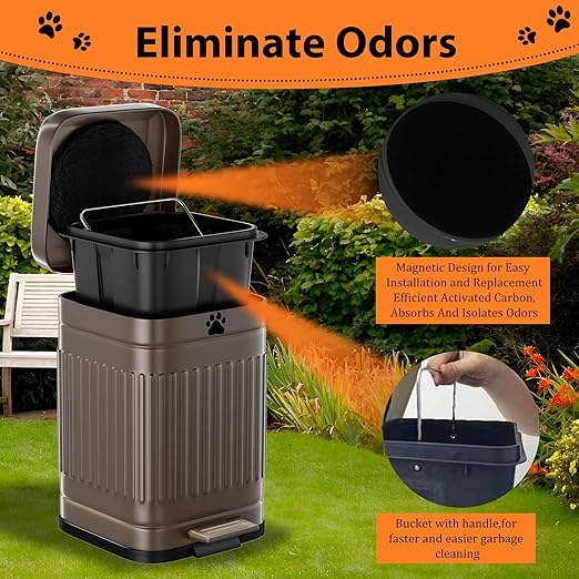 Dog Poop Trash Can Outside, 5L/1.3Gal Metal Dog Waste Trash Can with Lid, Foot Pedal, Pet Waste Container with 40 Bags, Poop Bucket with Lid Soft Close for Pet, Brown - Image 3
