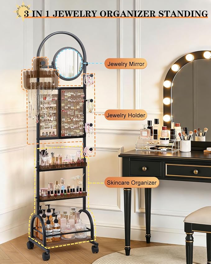 Mirror Jewelry Cabinet Standing, Jewelry Organizer and Storage with Jewelry Mirror, Jewelry Armoire with Earring Organizer Necklace Holder Bracelet Display, Large Tall Stand Up Jewelry Box Stand Tree - Image 2