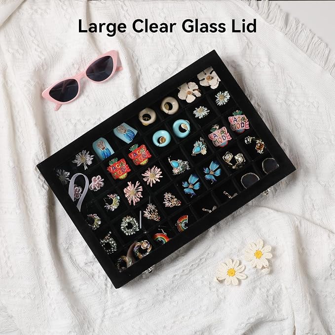 Frebeauty 40 Grid Jewelry Tray,Adjustable Earring Holder Organizer with Glass Lid,Velvet Drawer Jewelry Organizer for Rings,Studs,13.8 x 9.5 x 2 Inches Jewelry Display Box,Gift for Women(Black) - Image 7
