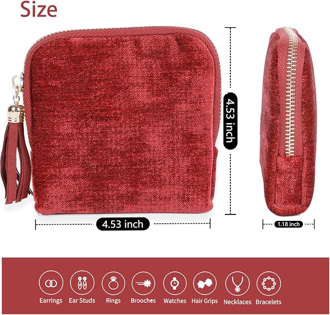 ASINGYER Travel Jewelry Storage Bag for Women, Velvet Portable Jewelry Organizer with Tassel Zipper, Small Pouches for Bracelets Necklaces Rings Earrings, Wedding Gift for Women (Wine red) - Image 6