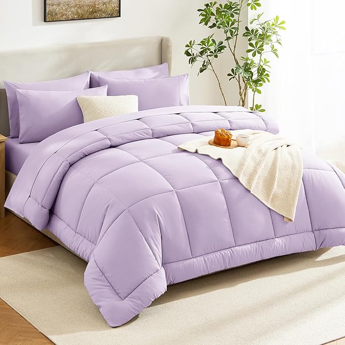 CozyLux Queen Comforter Set Lavender, 7 Pieces Bed in a Bag, Light Purple Comforters Queen Size, All Season Bedding Sets with Stitch Quilted Comforter, Flat Sheet, Fitted Sheet, Pillowcases