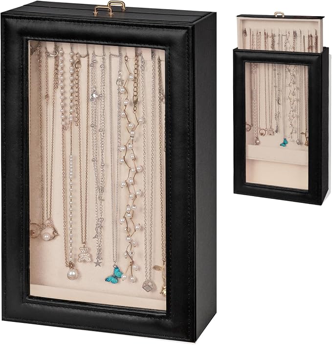 Necklace Organizer Box - 2-Layer Double-Sided Clear Lid Jewelry Storage Case, Anti-Tangle Necklaces Display Holder for Pendants Bracelets, Jewelry Organizer for Women Girls (Black) by Exttlliy