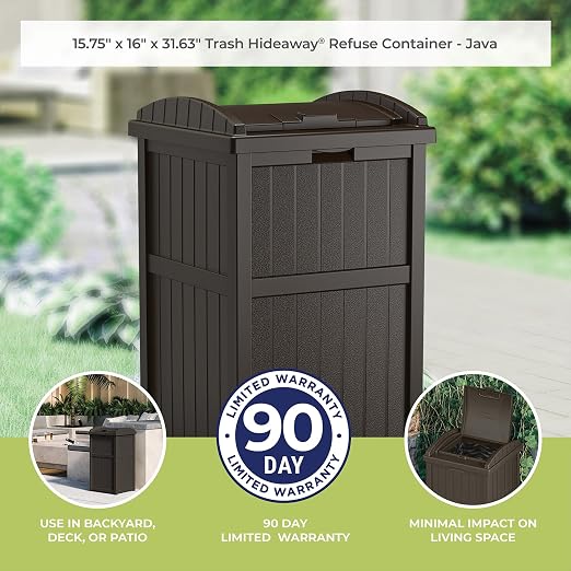 Suncast 3 Pack 33 Gallon Durable Plastic Hideaway Outdoor Garbage Can with Secure Lid & Wicker Design for Home Backyards, Decks, or Patios, Java Brown - Image 9