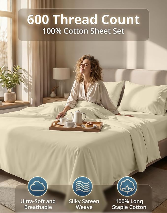 LANE LINEN California King Sheets Set - 600 Thread Count Premium Sateen Weave for Hotel Quality Luxury - Thick & Comfy 100% Cotton Sheets for Luxury Hotel Rooms - Oeko Tex Certified - Linen