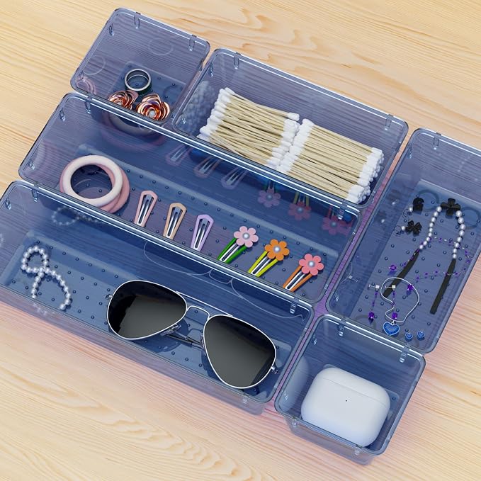 WOWBOX 9 Pack Clear Drawer Organizer Set, Acrylic Drawer Storage Trays, Storage Bins for Makeup, Cosmetics, Jewelries, Utensils, Gadgets, Office, Dark Blue - Image 7