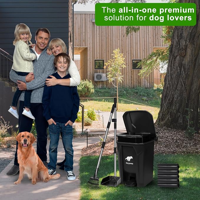 Dog Poop Trash Can Outside with Pooper Scooper and Metal Rake & Tray, 20L/5Gal Dog Waste Trash Can with Lid, Pedal and Removable Inner Waste Bin, Pet Poop Bin with 100 Bags - Image 7