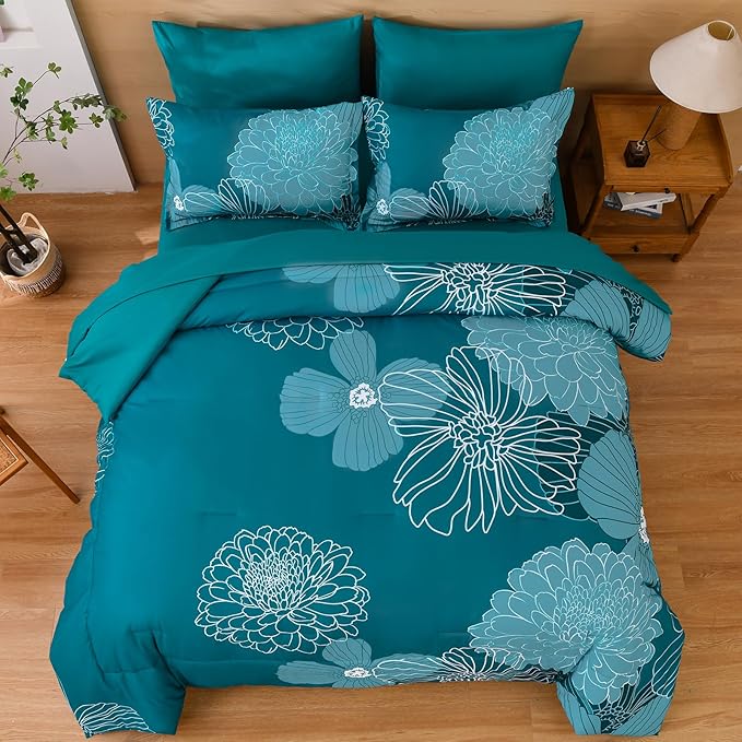 Yiran Teal Floral Comforter Set King 7 Pieces Bed in a Bag Soft Microfiber Bedding Set with 1 Comforter 1 Flat Sheet 1 Fitted Sheet 2 Pillowshams and 2 Pillowcases 104''x90''