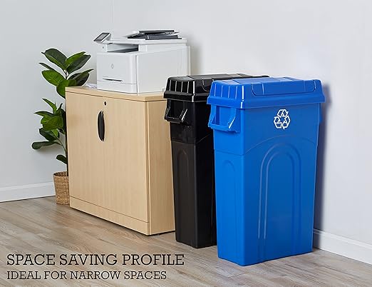United Solutions 23 Gallon Highboy Plastic Recycling Bin Kitchen Trash Can with Lid, Pass Through Handles, and Dustpan Edge, Blue - Image 3