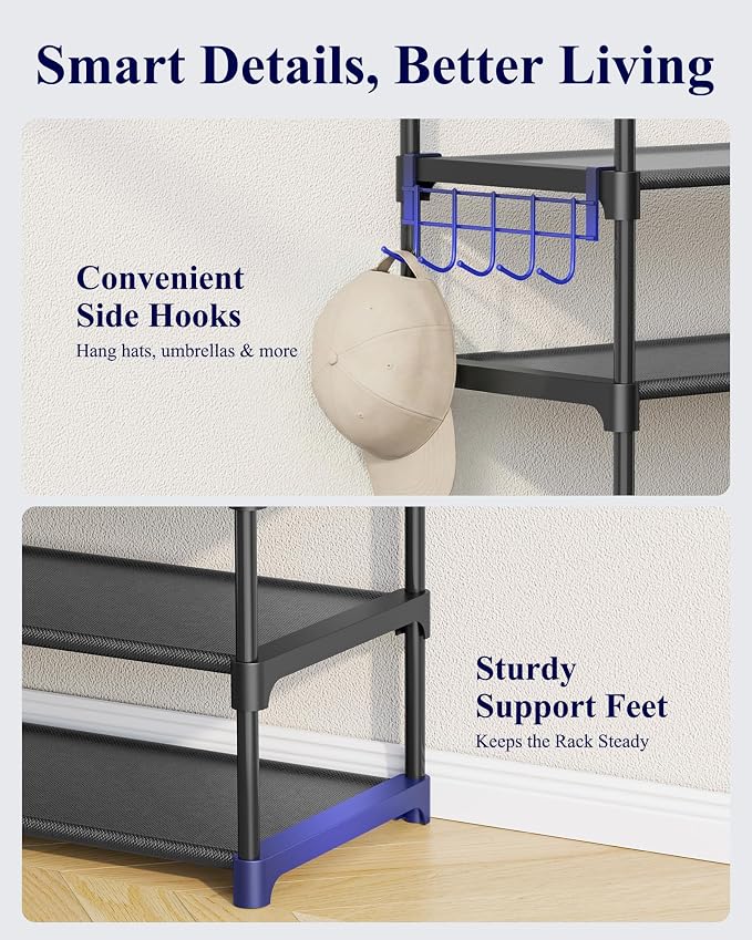 Kitsure Shoe Rack for Closet - 10-Tier Shoe Organizer with Hook Rack, Large-Capacity & Space-Saving Shoe Shelf for Entryway, Bedroom, Living Room,32.2" x 11.8" x 68.5", Black - Image 5