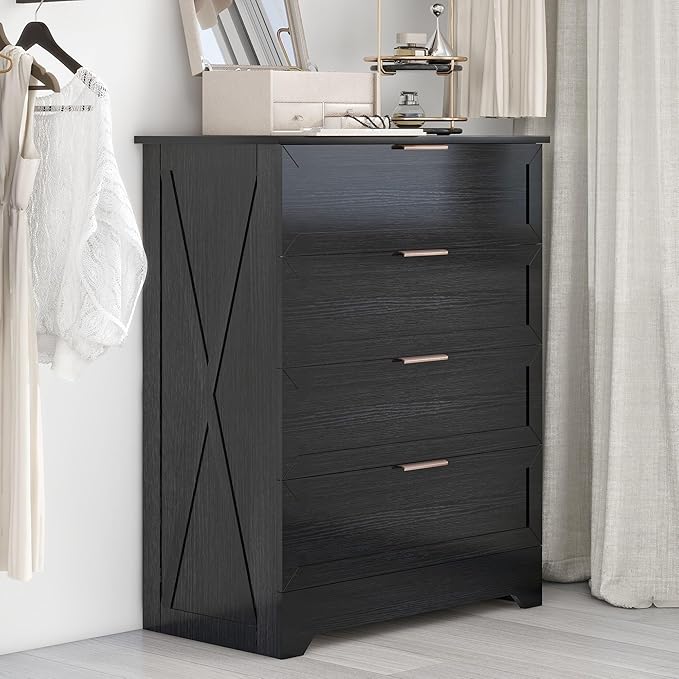 FTZxHKLX Modern 4 Drawer Dresser for Bedroom, Tall Bedroom Dresser with Large Drawer & Rose Gold Handles, Wooden Storage Organizer Cabinet Chest of Drawer for Closet, Living Room, Hallway, Black