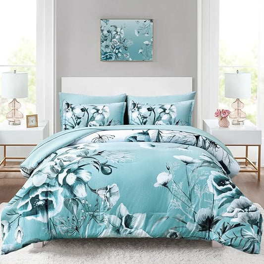 Luxudecor Floral Comforter Set Full Size 7 Piece, Aqua Flower Bed in a Bag, Elegant Gradient Floral Comforter with Sheet Set, Soft Seersucker Microfiber Bedding Set for All Season (Aqua, 80"x90")