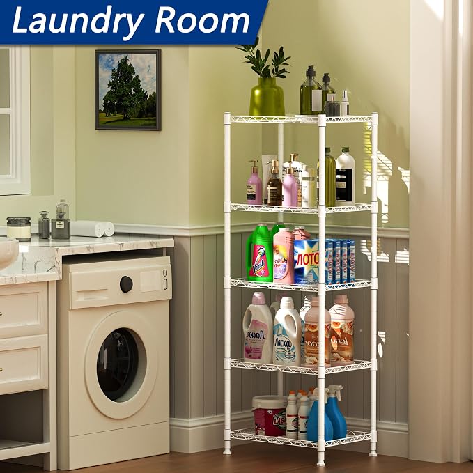 REGILLER 5-Wire Shelving Metal Storage Rack Adjustable Shelves,Standing Storage Shelf Units for Laundry Bathroom Kitchen Pantry Closet(White,11.8" D x 16.6" W x 53.5" H) - Image 4