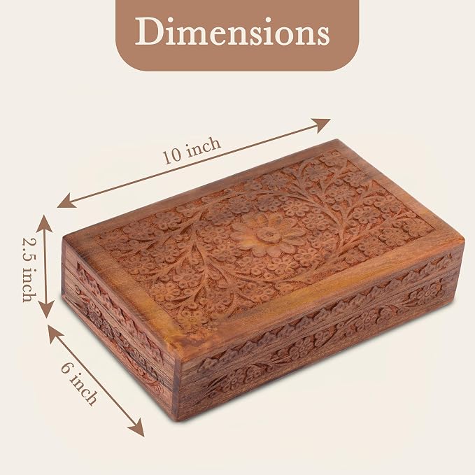 Ajuny Wooden Handcarved Decorative Jewelry Storage Box Flower Design Multipurpose Treasure Chest Keepsake Organizer Necklaces Watch Boxes Great for Gifts 10x6 Inch - Image 3