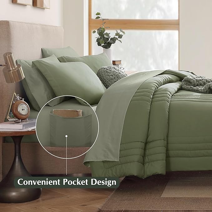 Monbix King Size Comforter Set - 7 Pieces Bed in a Bag King, Light Sage Green Bedding Sets with Comforter, All Seasons Comforter Bed Set with Sheets, Pillowcases & Shams