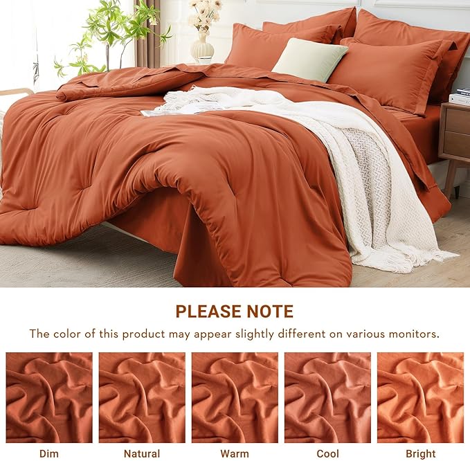 MUXHOMO 7 Pieces California King Comforter Set, Soft Bed in a Bag Cal King Size, All Season Bedding Set with Comforter, Flat Sheet, Fitted Sheet, Pillowcases & Shams, Burnt Orange