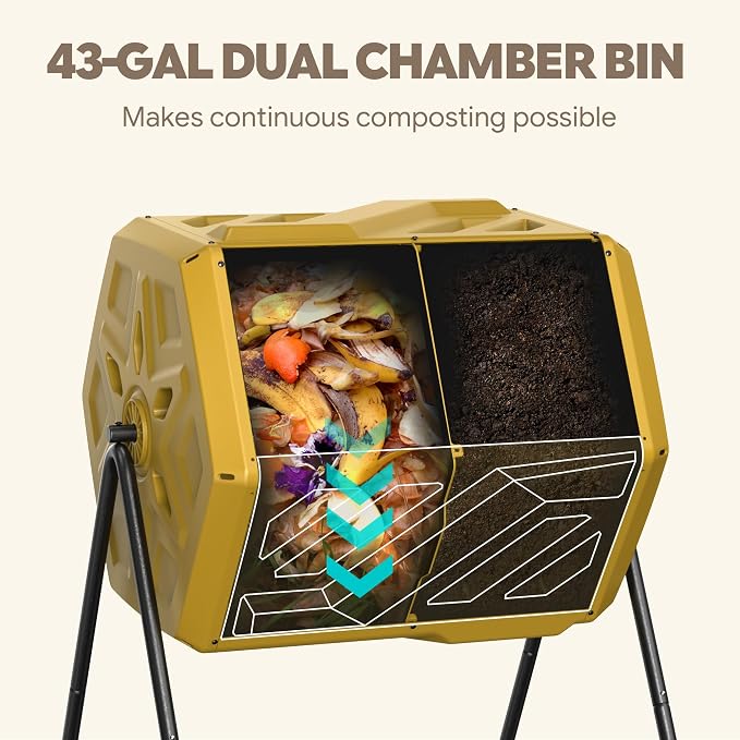 Werph Updated 43 Gallon Dual-Chamber Compost Bin, Fast Assembly Outdoor Compost Tumbler, Rotating Batch Composter Bin with Gloves for Garden, Kitchen, and Yard - Image 5