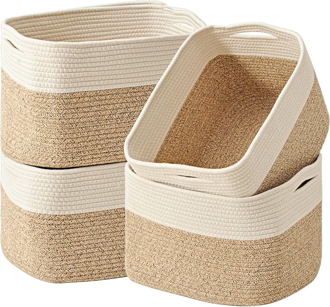 ICERZCZ Storage Baskets for Organizing & Shelves, Woven Cotton Rope Organization Bins for Dog Toys, Clothes, Books, Nursery Organizer, 15" Lx11''Wx9.5''H, (4 Packs) Off White & Brown by ICERZCZ