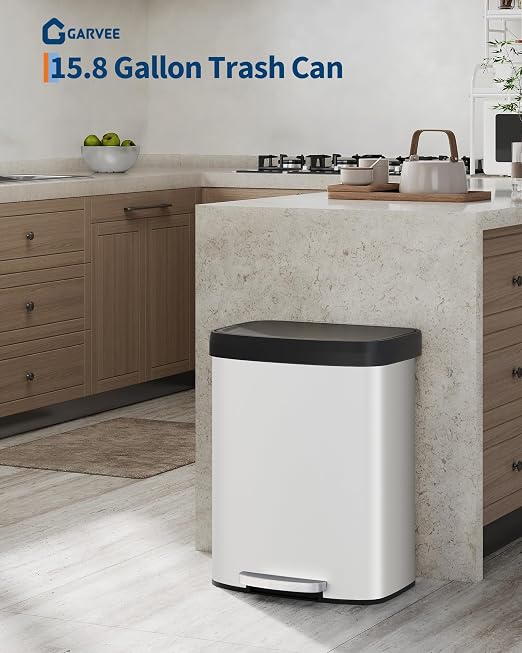 Garvee 16 gal / 60 L Metal Trash Can with Lid, Large Garbage Can for Kitchen, Rustproof Step-on Kitchen Metal Trash Bin with Liner Rim, Rear Handle, Soft Close Plastic Lid, White - Image 2