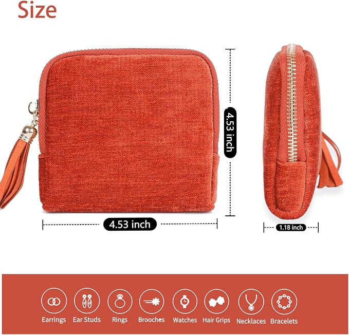 ASINGYER Travel Jewelry Storage Bag for Women, Velvet Portable Jewelry Organizer with Tassel Zipper, Small Pouches for Bracelets Necklaces Rings Earrings, Wedding Gift for Women (orange) - Image 6