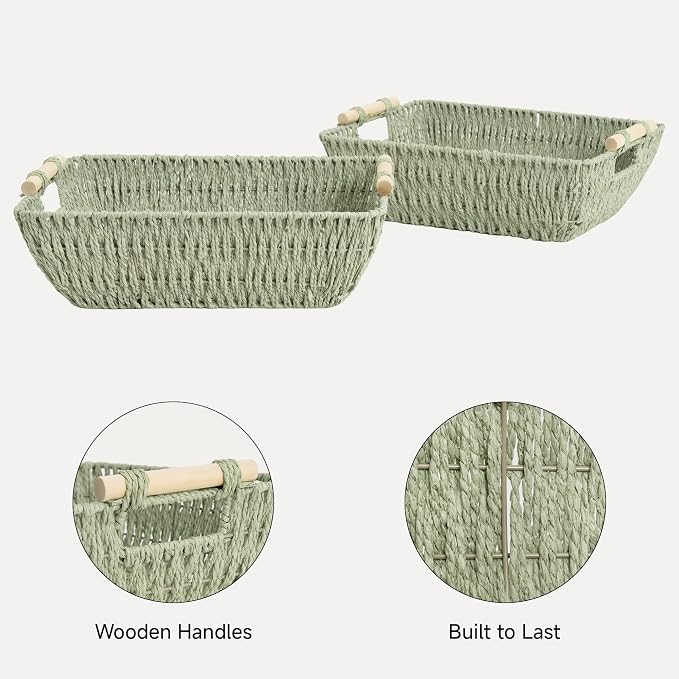 StorageWorks Extra Large Wicker Storage Basket for Organizing with Wooden Handles, Toilet Paper Baskets for Shelf, Bosana Green, 2-Pack - Image 4