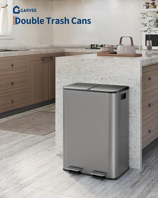GarveeHome 2 x 8 gal Stainless Steel Double Trash Can with Lid for Kitchen, Large Dual Trash and Recycle Bin Combo, Step-on Kitchen Metal Garbage Cans, PP Inner Buckets, Liner Rim, Matte Grey - Image 2