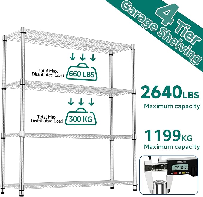 M MZG 4 Tiers Shelf 2640 lbs Steel Storage Shelving Utility Shelving Unit Steel Organizer Wire Rack for Home,Kitchen,Office,Garage Chrome 17.7" D x 47.2" W x 70.3" H - Image 7