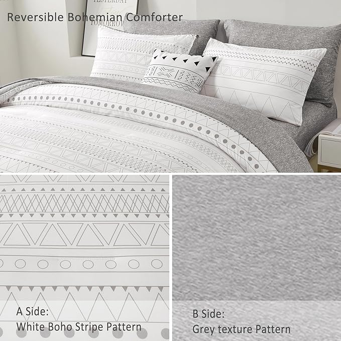 WONGS BEDDING Boho Comforter Set Queen,7 Pieces White Grey Geometric Bed in a Bag Comforter Bohemian Soft Microfiber Bedding Set for All Season with Pillowcases & Shams,Flat Sheet,Fitted Sheet