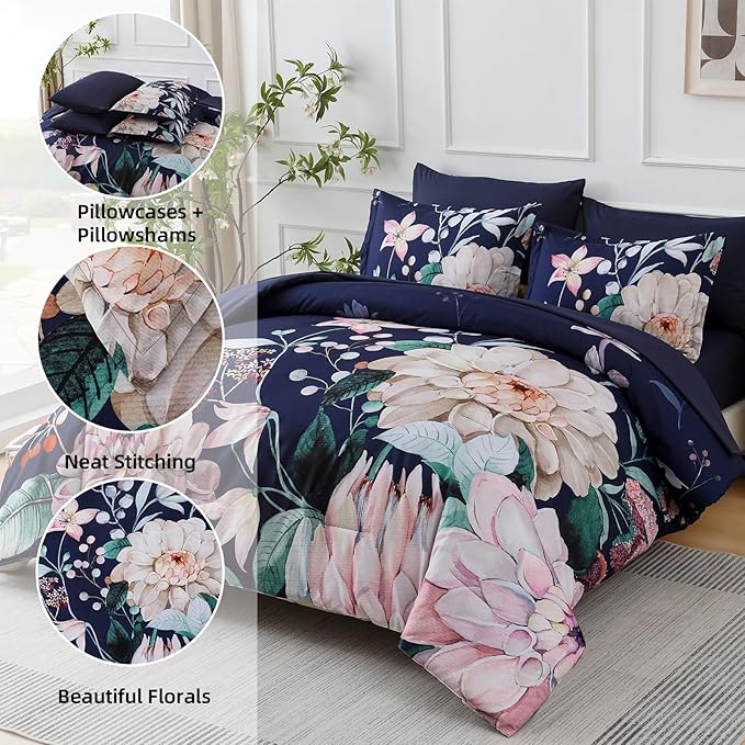Drucon Navy Blue Comforter Set King Size - 7 Pieces Floral Bedding Sets, Soft Botanical Flowers Comforter Bed in a Bag with Sheets, Pillowcases & Shams