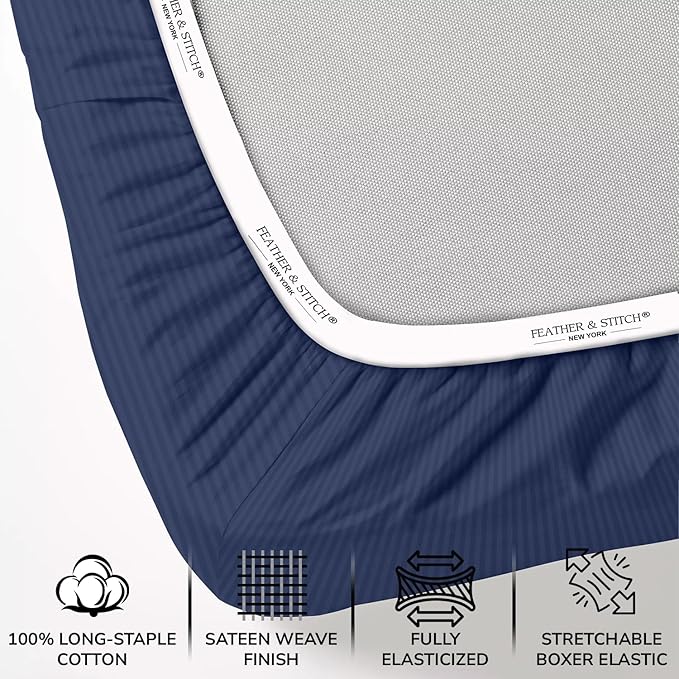 Feather & Stitch 500 TC King Size Damask Bed Sheet Set, 100% Cotton Soft Breathable Bedsheets, 4 Piece 18" Deep Pockets Sateen Weave Striped Bedding Mattress Resort Hotel - (Dark Blue Stripe)