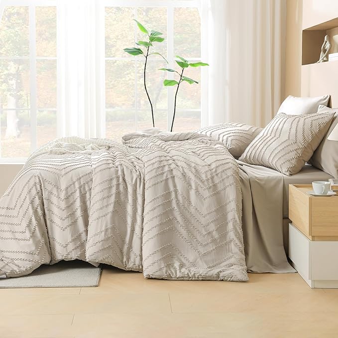 Litanika California King Size Comforter Set with Sheets Beige - 7 Pieces Bed in a Bag Cal King Chevron Tufted Complete Bedding Sets with Comforter, Sheets, Pillowcases & Shams