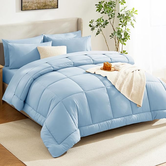CozyLux King Size Comforter Set Baby Blue, 7 Pieces Bed in a Bag, Blue Comforter King Size, All Season Bedding Sets with Stitch Quilted Comforter, Flat Sheet, Fitted Sheet, Pillowcases