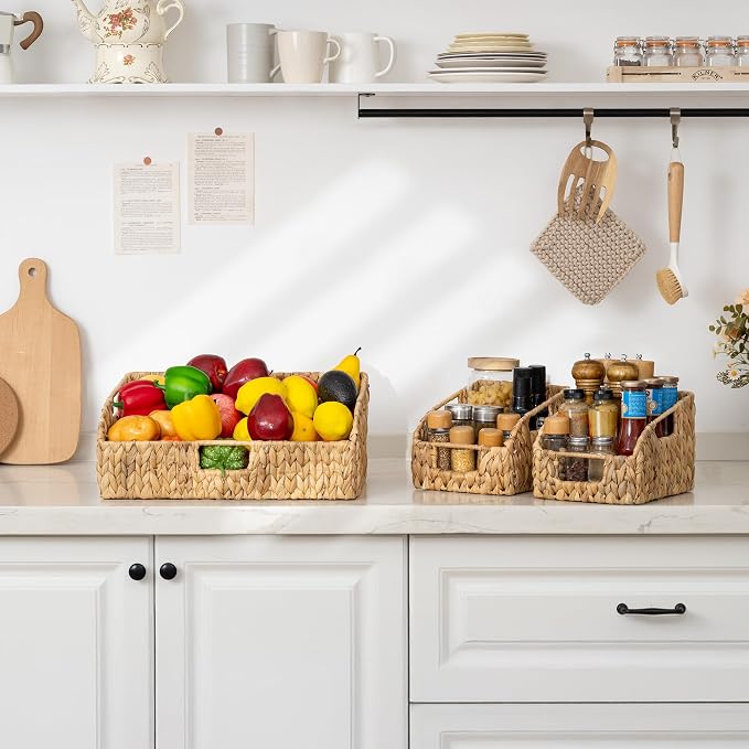 StorageWorks Water Hyacinth Pantry Storage Baskets, Wicker Baskets with Built-in Handles, Handwoven Shelf Baskets for Organizing, Pantry Organizers and Storage, 3 Pack - Image 8