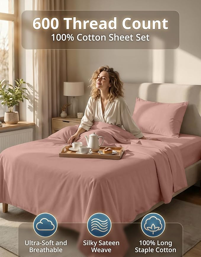 LANE LINEN Twin XL Sheets Set - 600 Thread Count Premium Sateen Weave - 100% Cotton Sheets Set for Guest Rooms - 15'' Deep Pocket for Snug Fit to Your Mattress - Oeko Tex Certified - Sepia Rose