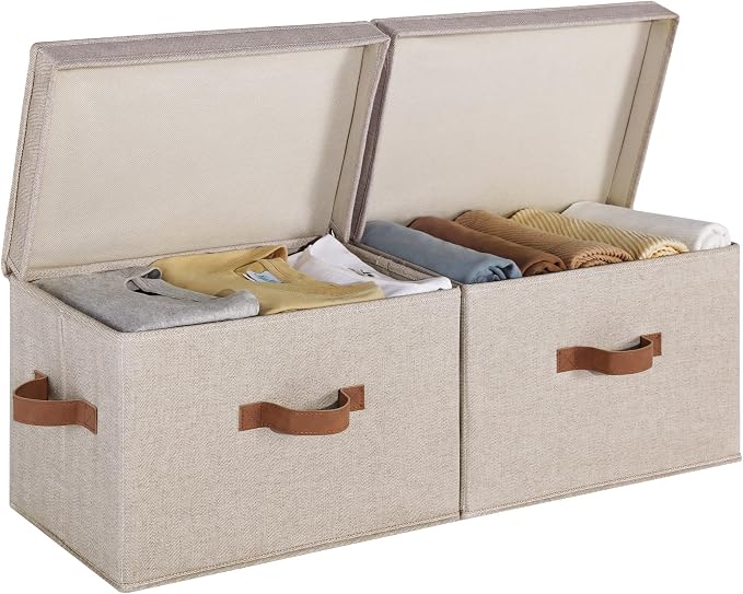 StorageWorks Fabric Storage Bins with Lid, Decorative Storage Boxes for Shelves, Stackable Closet Organizer Basket with Handles, Large, Brown and Beige, 2-Pack by StorageWorks