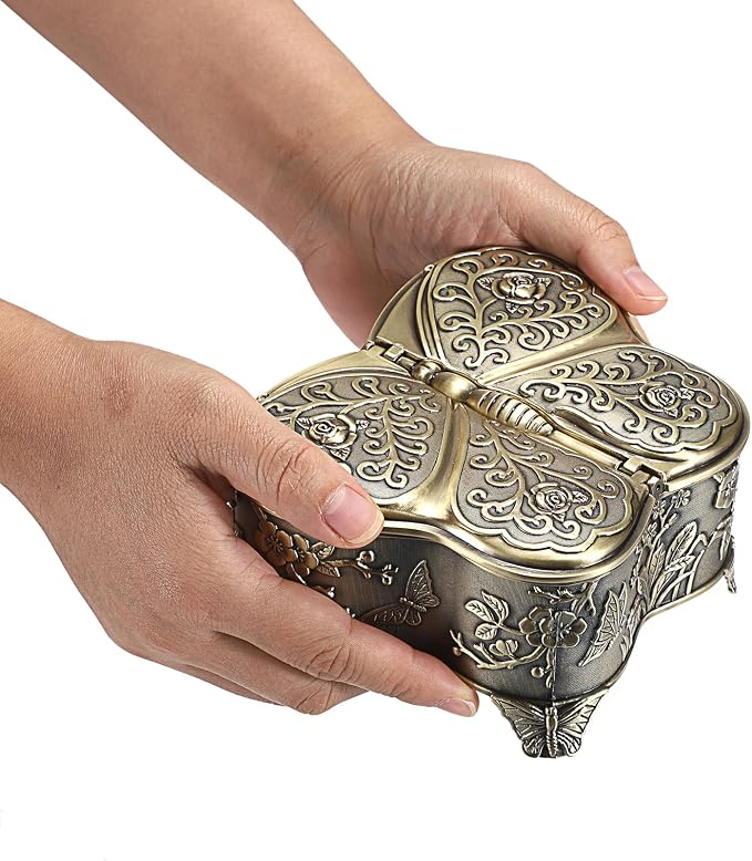 Hipiwe Antique Metal Jewelry Box Butterfly Shape Jewelry Storage Organizer Vintage Trinket Box Treasure Chest for Ring Earrings Necklace Decorative Keepsakes Box, Bronze, Large - Image 4