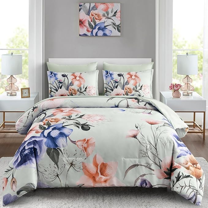 Luxudecor Floral Comforter Set King Size 7 Piece, Green Flower Bed in a Bag, Elegant Comforter Bedding Set for All Season (Green, 104"x90")