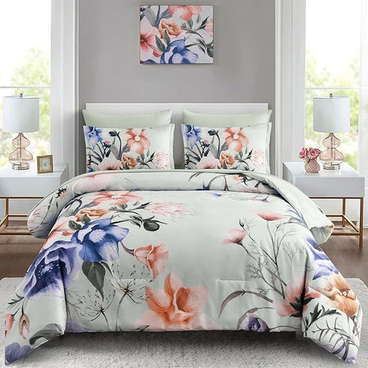 Luxudecor Floral Comforter Set King Size 7 Piece, Green Flower Bed in a Bag, Elegant Comforter Bedding Set for All Season (Green, 104"x90")
