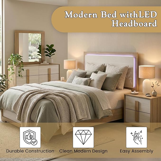 Kings Brand Furniture 6-Piece Natural/White Bedroom Set - King Size Bed with LED Lights, Dresser, Mirror, Chest and 2 Nightstands