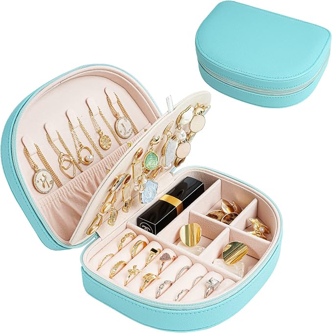 ProCase Travel Size Jewelry Box, Medium Portable Seashell-Shaped Jewelry Case, 2 Layer Jewelry Organizer in PU Leather for Women -Blue by ProCase