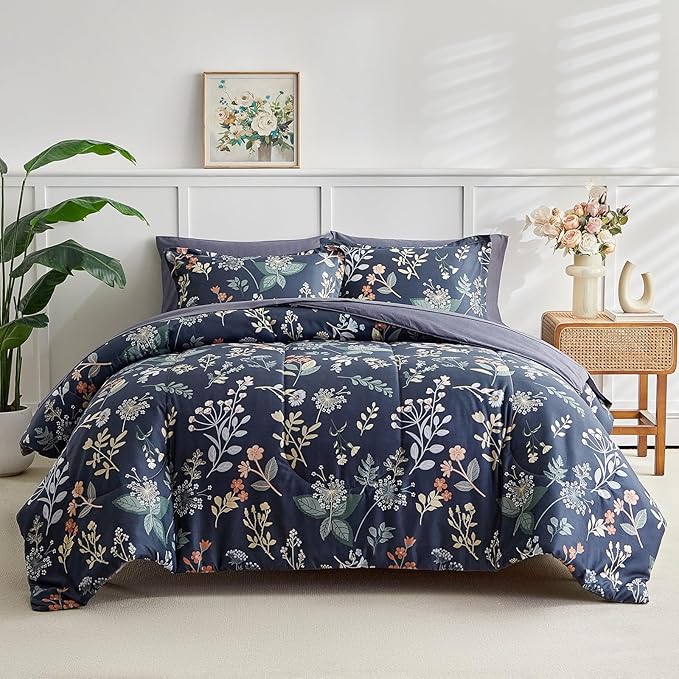 AIKASY 7-Piece Queen Size Bed in a Bag Comforter Set - Blue Fog Floral Ensemble with Reversible Botanical Flowers Comforter, Sheets, Pillowcases & Shams
